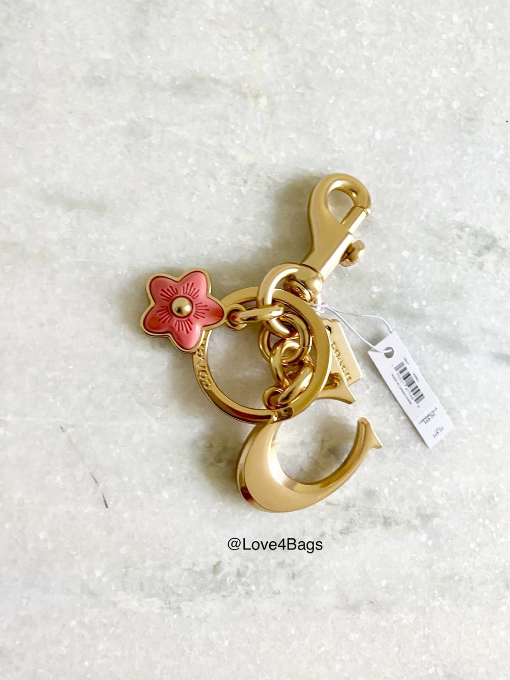 Coach Gold 'C' Bag Charm with Pink Flower Accent